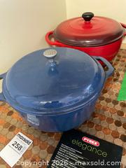 MaxSold Auction: Two Enameled Cast Iron Dutch Ovens Blue and Red with Pyrex Booklet - Addington Highlands (Ontario, Canada) PARTNER MANAGED Downsizing Online Auction - Highway 41