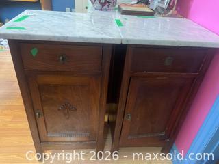 MaxSold Auction: Two Wooden Marble-Top Cabinets  - Addington Highlands (Ontario, Canada) PARTNER MANAGED Downsizing Online Auction - Highway 41