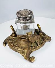 MaxSold Auction: Antique Art Nouveau Gilt Bronze & Cut Glass Inkwell Stand – Chased Silver Monogram Lid with Bronze Stag Figurine, c. 1900 - Maxsold Signature - Museum-Quality Artifacts, Ancient Antiquities and Collector Finds (CAN and US Shipping)
