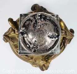 MaxSold Auction: Antique Art Nouveau Gilt Bronze & Cut Glass Inkwell Stand – Chased Silver Monogram Lid with Bronze Stag Figurine, c. 1900 - Maxsold Signature - Museum-Quality Artifacts, Ancient Antiquities and Collector Finds (CAN and US Shipping)
