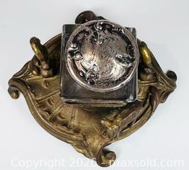 MaxSold Auction: Antique Art Nouveau Gilt Bronze & Cut Glass Inkwell Stand – Chased Silver Monogram Lid with Bronze Stag Figurine, c. 1900 - Maxsold Signature - Museum-Quality Artifacts, Ancient Antiquities and Collector Finds (CAN and US Shipping)