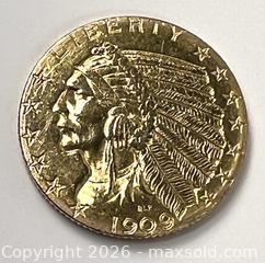 MaxSold Auction: 1909 $5 23kt Gold U.S. Indian Coin - Campbell (California, USA) PARTNER MANAGED Estate Sale Online Auction -  Dell Avenue