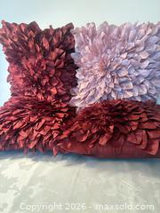 MaxSold Auction: Set of 4 Burgundy & Blush Satin 3D Flower Throw Pillows - San Jose (California, USA) SELLER MANAGED Estate Sale Online Auction - Union Avenue