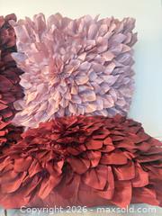 MaxSold Auction: Set of 4 Burgundy & Blush Satin 3D Flower Throw Pillows - San Jose (California, USA) SELLER MANAGED Estate Sale Online Auction - Union Avenue