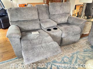 MaxSold Auction: Abbyson Gray Microfiber/Suede Reclining Loveseat with Console - Chilliwack (British Columbia, Canada) PARTNER MANAGED Downsizing Online Auction - Camden Drive