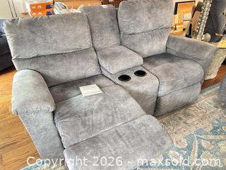 MaxSold Auction: Abbyson Gray Microfiber/Suede Reclining Loveseat with Console - Chilliwack (British Columbia, Canada) PARTNER MANAGED Downsizing Online Auction - Camden Drive