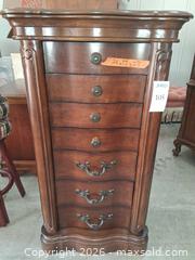 MaxSold Auction: Cherry Brown Wood Veneer Jewelry Armoire with Mirror - Santa Clara (California, USA) PARTNER MANAGED Estate Sale Online Auction - Scott Boulevard (STORAGE)