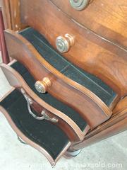 MaxSold Auction: Cherry Brown Wood Veneer Jewelry Armoire with Mirror - Santa Clara (California, USA) PARTNER MANAGED Estate Sale Online Auction - Scott Boulevard (STORAGE)