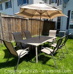 MaxSold Auction: Patio Dining Set with Table, 6 Chairs, Square Tilting Umbrella - Ottawa (Ontario, Canada) PARTNER MANAGED Downsizing Online Auction - Fallowfield Road