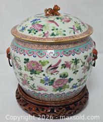 MaxSold Auction: Vintage Chinese Famille Rose Covered Jardiniere with Wooden Stand - Ottawa (Ontario, Canada) PARTNER MANAGED Downsizing Online Auction - Fallowfield Road