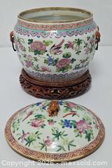 MaxSold Auction: Vintage Chinese Famille Rose Covered Jardiniere with Wooden Stand - Ottawa (Ontario, Canada) PARTNER MANAGED Downsizing Online Auction - Fallowfield Road