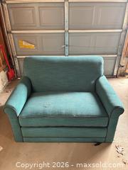 MaxSold Auction: Teal Green Fabric Loveseat Sofa - Rolled Arms - Essa (Ontario, Canada) SELLER MANAGED Reseller Online Auction - Stonemount Crescent