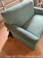 MaxSold Auction: Teal Green Fabric Loveseat Sofa - Rolled Arms - Essa (Ontario, Canada) SELLER MANAGED Reseller Online Auction - Stonemount Crescent