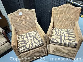 MaxSold Auction: Pair of Wicker Rattan Armchairs with Patterned Cushions - Warwick (Rhode Island, USA) SELLER MANAGED Reseller Online Auction - Warwick Avenue