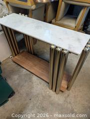 MaxSold Auction: MCM Marble Top Console Table with Brass Legs and Wood Shelf - Markham (Ontario, Canada) SELLER MANAGED Downsizing Online Auction -  Kings College Road