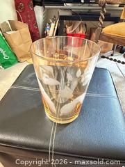 MaxSold Auction: Amber Peach Glass Vase with Etched Floral Design 6” wide 8” height - Vancouver (British Columbia, Canada) SELLER MANAGED Estate Sale Online Auction - West King Edward Avenue (CONDO)