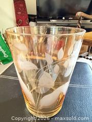 MaxSold Auction: Amber Peach Glass Vase with Etched Floral Design 6” wide 8” height - Vancouver (British Columbia, Canada) SELLER MANAGED Estate Sale Online Auction - West King Edward Avenue (CONDO)