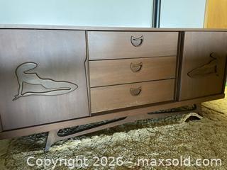 MaxSold Auction: Mid-Century Modern Wooden Sideboard with Decorative Panels - South Frontenac (Ontario, Canada) PARTNER MANAGED Downsizing Online Auction - Arthur Court Lane