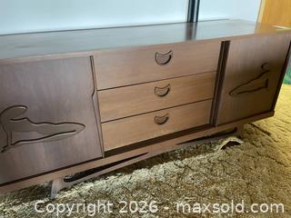 MaxSold Auction: Mid-Century Modern Wooden Sideboard with Decorative Panels - South Frontenac (Ontario, Canada) PARTNER MANAGED Downsizing Online Auction - Arthur Court Lane