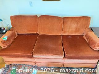 MaxSold Auction: Orange/Rust Velvet Sofa Couch D - Toronto (Ontario, Canada) Estate Sale Online Auction - Sparkhall Avenue