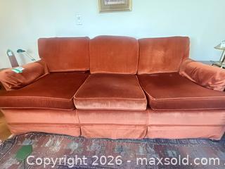 MaxSold Auction: Orange/Rust Velvet Sofa Couch D - Toronto (Ontario, Canada) Estate Sale Online Auction - Sparkhall Avenue