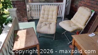 MaxSold Auction: Wooden Side Table & Pair of Metal Lounge Chairs with Cushions A - Toronto (Ontario, Canada) Estate Sale Online Auction - Sparkhall Avenue