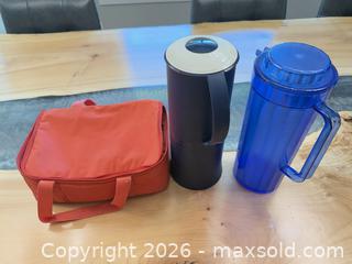 MaxSold Auction: Tupperware Blue Acrylic Pitcher, Navy blue Insulated Carafe & Red vinyl Lunch Cooler Bag - Saanich (British Columbia, Canada) SELLER MANAGED Downsizing Online Auction - Sunnygrove Place