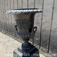MaxSold Auction: Antique Large Cast Iron Urn With Pedestal Base — Heavily Detailed  - Toronto (Ontario, Canada) PARTNER MANAGED Reseller Online Auction -  Crouse Road (STORAGE)