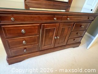 MaxSold Auction: Large Cherry Finish Dresser with Matching Mirror and Glass Protector - Vancouver (British Columbia, Canada) SELLER MANAGED Moving Online Auction - West 11th Avenue