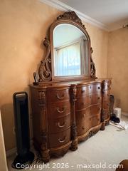 MaxSold Auction: Ornate Cherry-Finish Dresser with Matching Mirror - Vancouver (British Columbia, Canada) SELLER MANAGED Moving Online Auction - West 11th Avenue