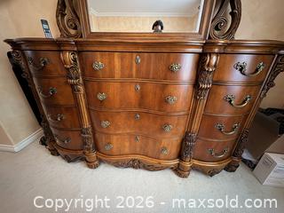 MaxSold Auction: Ornate Cherry-Finish Dresser with Matching Mirror - Vancouver (British Columbia, Canada) SELLER MANAGED Moving Online Auction - West 11th Avenue