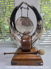 MaxSold Auction: Decorative Tabletop Gong with Wooden Base and Horn Supports (circa 1890-1910) - Vancouver (British Columbia, Canada) PARTNER MANAGED Estate Sale Online Auction - West 13th Avenue