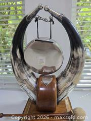 MaxSold Auction: Decorative Tabletop Gong with Wooden Base and Horn Supports (circa 1890-1910) - Vancouver (British Columbia, Canada) PARTNER MANAGED Estate Sale Online Auction - West 13th Avenue