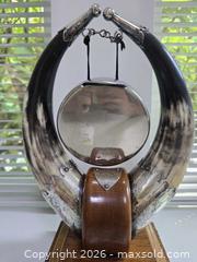 MaxSold Auction: Decorative Tabletop Gong with Wooden Base and Horn Supports (circa 1890-1910) - Vancouver (British Columbia, Canada) PARTNER MANAGED Estate Sale Online Auction - West 13th Avenue