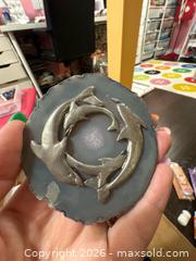 MaxSold Auction: Polished Blue/Gray Agate Slice Coaster with Metal Dolphin - Hamilton (Ontario, Canada) SELLER MANAGED Downsizing Online Auction - Kensington Avenue North
