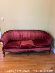 MaxSold Auction: French Provincial Red Velvet 3-Seater Sofa, Market Label - Knightdale (North Carolina, USA) PARTNER MANAGED Downsizing Online Auction - Sycamore Street