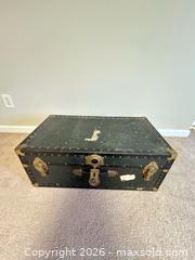 MaxSold Auction: Medium Black Steamer Trunk with Brass Hardware - Knightdale (North Carolina, USA) PARTNER MANAGED Downsizing Online Auction - Sycamore Street