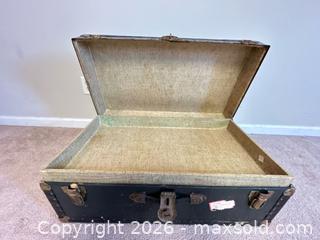 MaxSold Auction: Medium Black Steamer Trunk with Brass Hardware - Knightdale (North Carolina, USA) PARTNER MANAGED Downsizing Online Auction - Sycamore Street