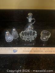 MaxSold Auction: Vintage Cut Glass Condiment Set with Cruet, Shakers & Dishes - Knightdale (North Carolina, USA) PARTNER MANAGED Downsizing Online Auction - Sycamore Street