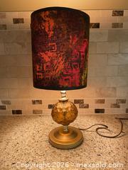 MaxSold Auction: Vintage 60s Mid-Century Bohemian Amber Glass Miniature Table Lamp with Multicolour Material Shade - Toronto (Ontario, Canada) SELLER MANAGED Downsizing Online Auction - O'connor Drive (CONDO)