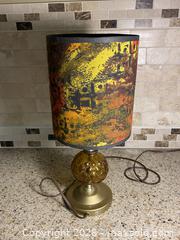 MaxSold Auction: Vintage 60s Mid-Century Bohemian Amber Glass Miniature Table Lamp with Multicolour Material Shade - Toronto (Ontario, Canada) SELLER MANAGED Downsizing Online Auction - O'connor Drive (CONDO)