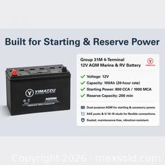 MaxSold Auction: Battery - AGM Group 31M Marine & RV, 4-Terminal, 12V 100Ah, 800CCA, 200 Minute Reserve Capacity, SLA, MF, Yimatzu, BATAM1231-4T-AGM, **NEW, IN-BOX** - Cambridge (Ontario, Canada) PARTNER MANAGED Commercial Liquidation Online Auction - Pinebush Road