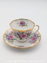 MaxSold Auction: Vintage Queen's Staffordshire Fine Bone China Teacup & Saucer Set - Pink Roses & Purple Flowers - Cobourg (Ontario, Canada) SELLER MANAGED Downsizing Online Auction - Division Street