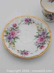 MaxSold Auction: Vintage Queen's Staffordshire Fine Bone China Teacup & Saucer Set - Pink Roses & Purple Flowers - Cobourg (Ontario, Canada) SELLER MANAGED Downsizing Online Auction - Division Street