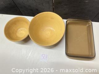 MaxSold Auction: Pyrex 9x13 Amber Baking Dish with 2 Large Yellow Stoneware Bowls - Warwick (Rhode Island, USA) SELLER MANAGED Reseller Online Auction - Warwick Avenue
