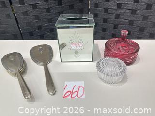 MaxSold Auction: Sterling Silver Brush & Hand Mirror with Tissue Box & Trinket Dishes - Warwick (Rhode Island, USA) SELLER MANAGED Reseller Online Auction - Warwick Avenue