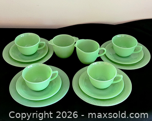 MaxSold Auction: Vintage Jadeite Green Glass Tea Set – Cups, Saucers, Plates, Creamer & Sugar Bowl - Newmarket (Ontario, Canada) SELLER MANAGED Downsizing Online Auction - Amberlee Court