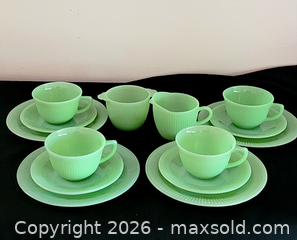 MaxSold Auction: Vintage Jadeite Green Glass Tea Set – Cups, Saucers, Plates, Creamer & Sugar Bowl - Newmarket (Ontario, Canada) SELLER MANAGED Downsizing Online Auction - Amberlee Court