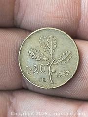 MaxSold Auction: 1957 Italy 20 Lire Coin, R Mintmark, Bronze/Brass - South Frontenac (Ontario, Canada) SELLER MANAGED Downsizing Online Auction - Battersea Road