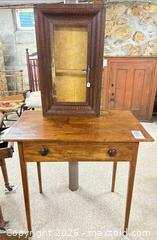 MaxSold Auction: Antique/Vintage Pine Side Table with Drawer and Glass-Front Tiger Maple Display Cabinet B - Duxbury (Massachusetts, USA) PARTNER MANAGED Downsizing Online Auction - King Caesar Road